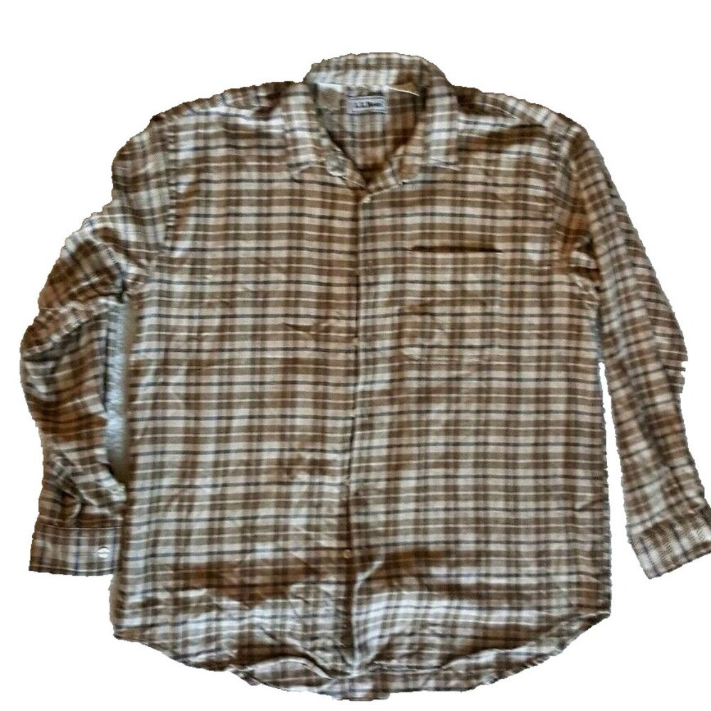 Vintage LL Bean checkered plaid men button down cotton tan beige shirt L